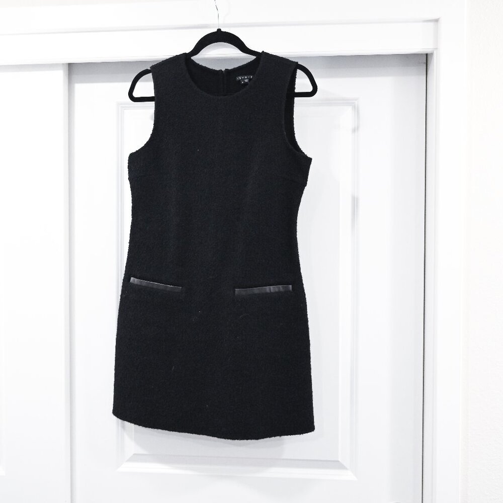 Theory Size 8 Courtney Double Boucle Black Wool Leather Trim Dress